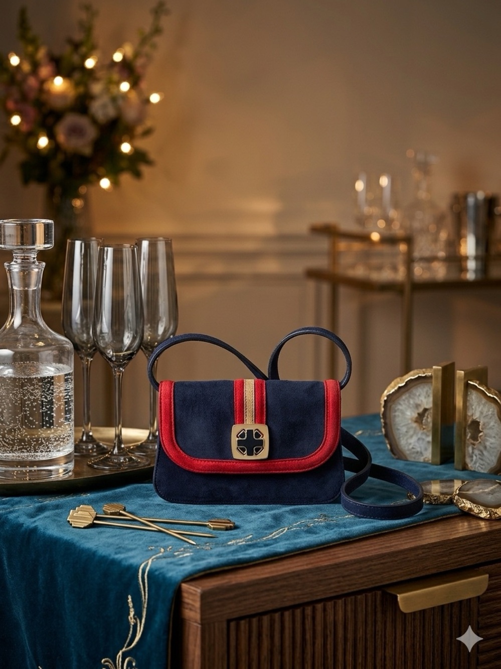 Vintage Bally Navy Suede Flap Mini Shoulder Bag Crossbody with Red Stripe Accent